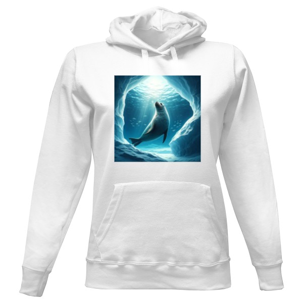 Dámská mikina s kapucí s potiskem Tuleň v Oceánu 